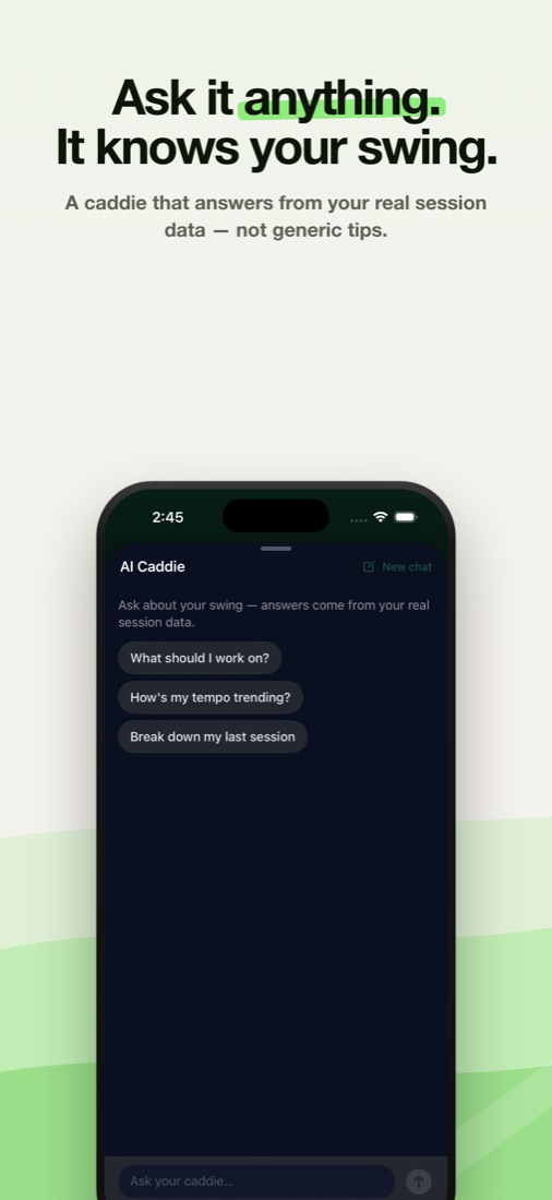 AI Caddie chat — ask it anything, answers come from your real session data